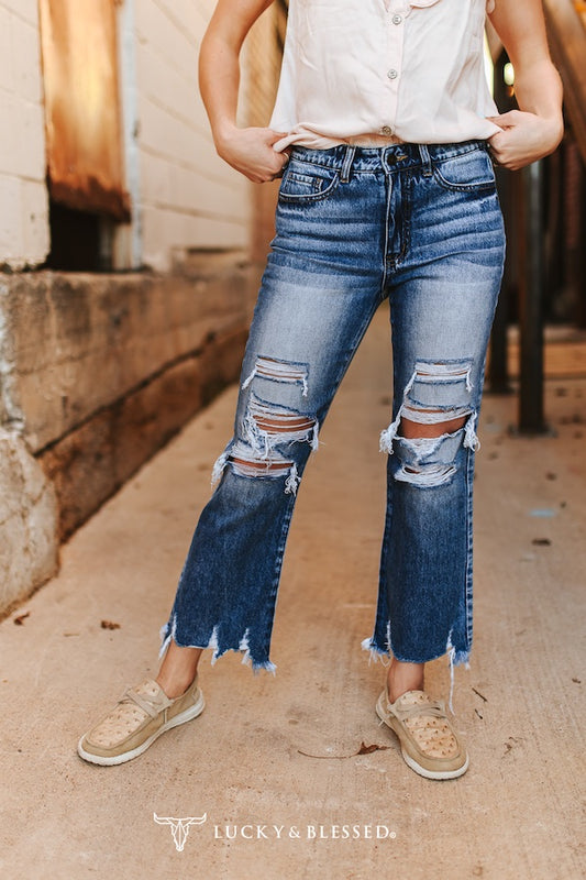 Distressed Unfinished Hem  Cropped Jeans By L&B