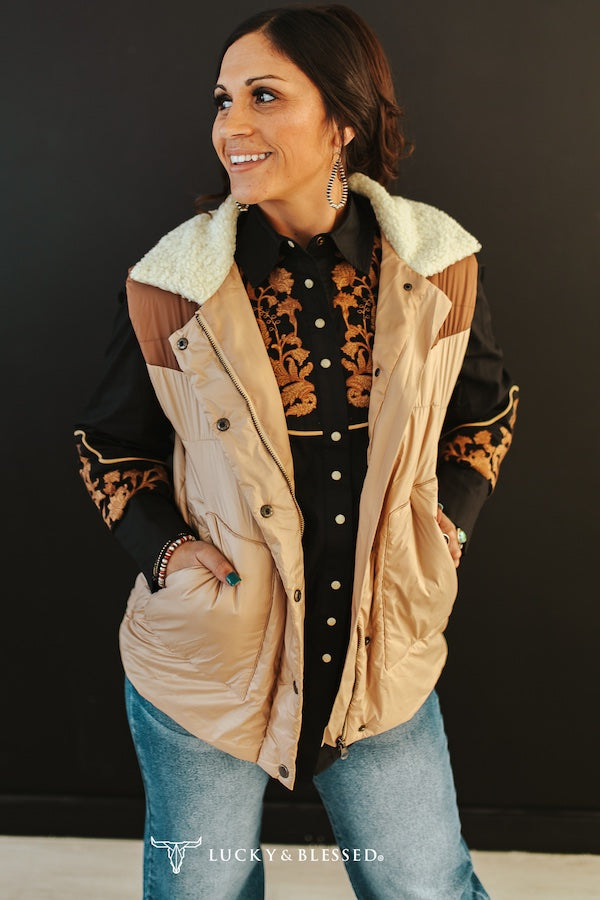 Cream Puffer Vest W Camel Yoke Sherpa Neckline By L&B