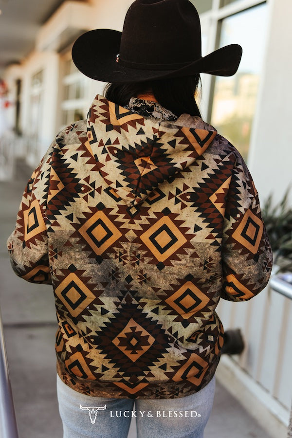 Brown Vintage Aztec Printed Drawstring Hoodie By L&B