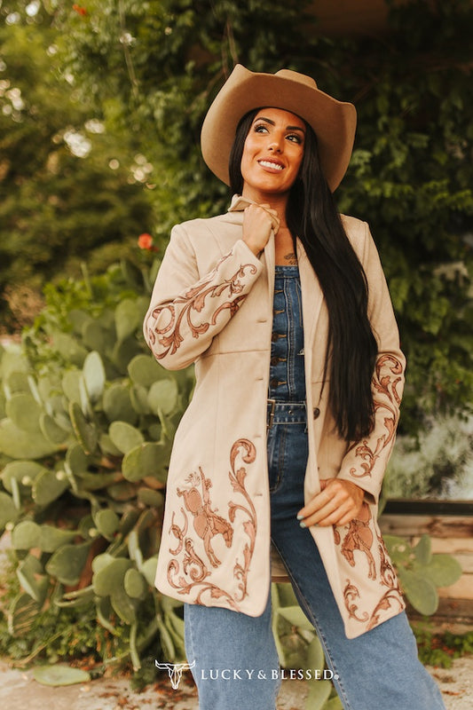 Khaki Western Embroidered Long Suede Blazer By L&B