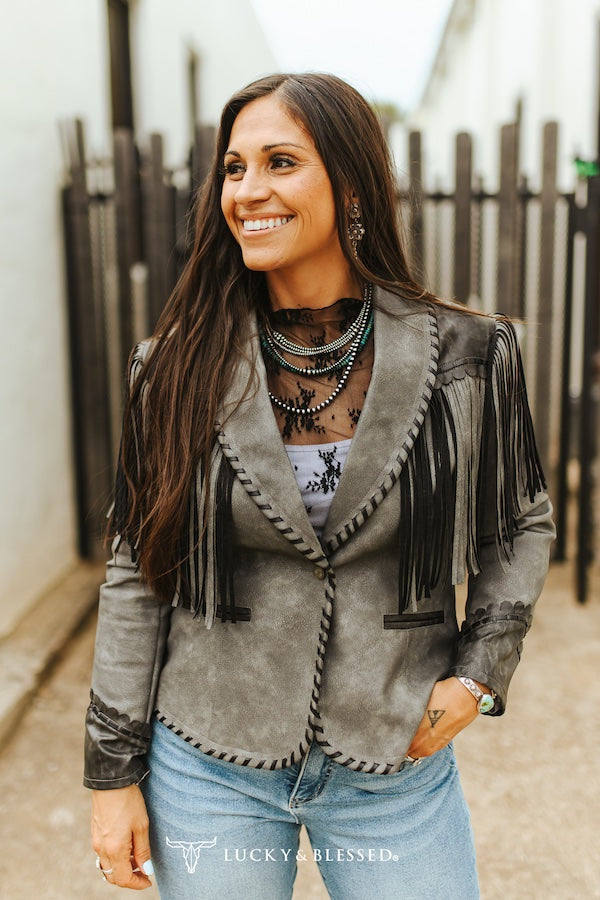 Black/Gray Worn Leather Blazer Jacket By L&B