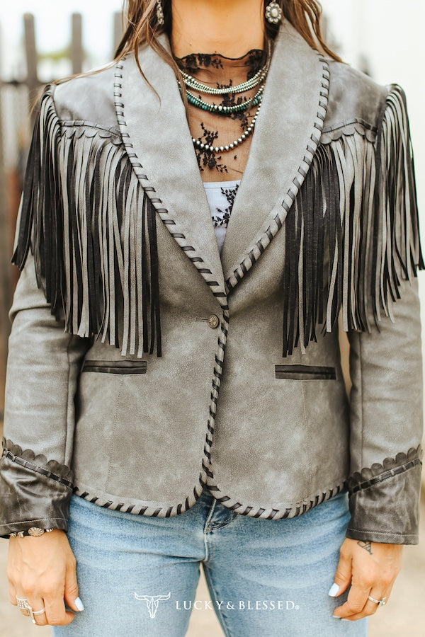 Black/Gray Worn Leather Blazer Jacket By L&B