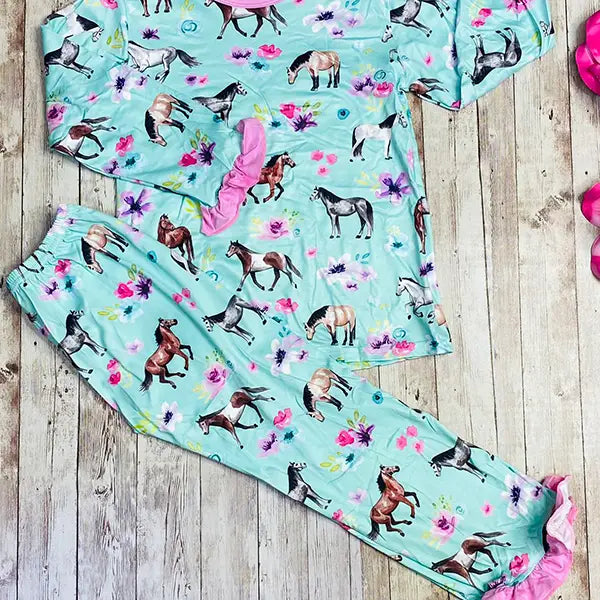 Kids Horse & Flower LS Top & Pant Set