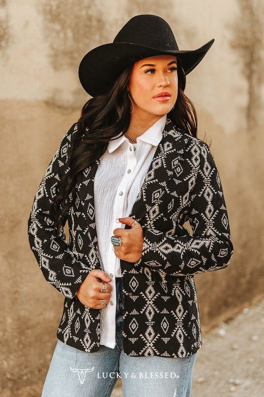 Black Aztec Woven Concho Blazer By Lucky & Blessed