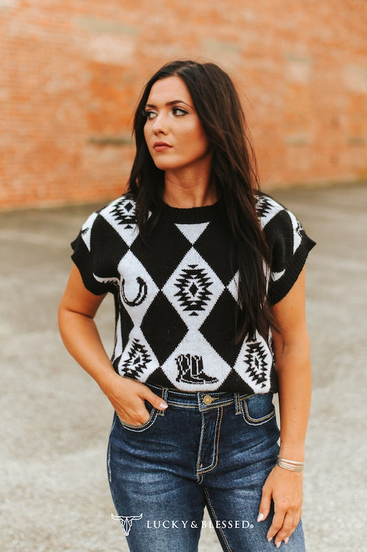 Black Checkered Knit Sweater By L&B