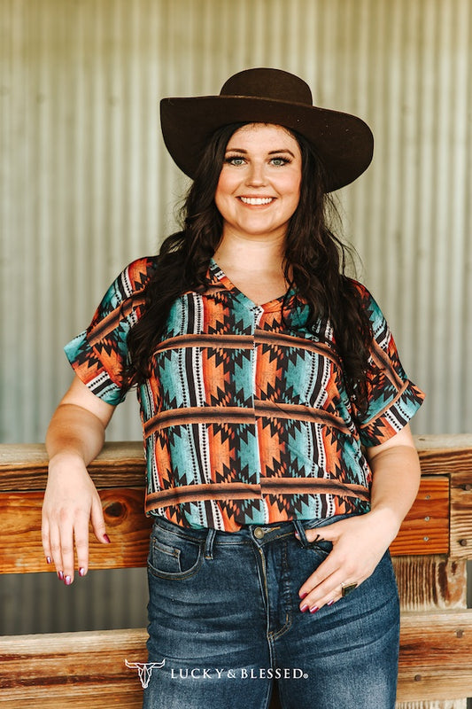 Black Orange Aztec V-Neck Shirt By L&B