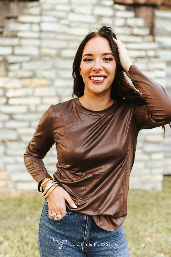 Brown Faux Leather LS Top By L&B