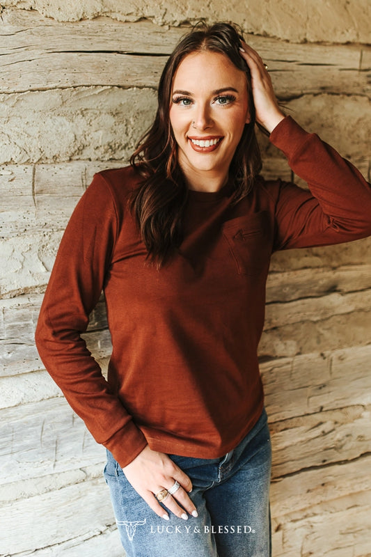 Brown Western Arrow Pocket LS Tee Top By L&B