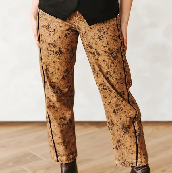Camel Floral  Mid Rise Barrel Jeans (28in) By L&B