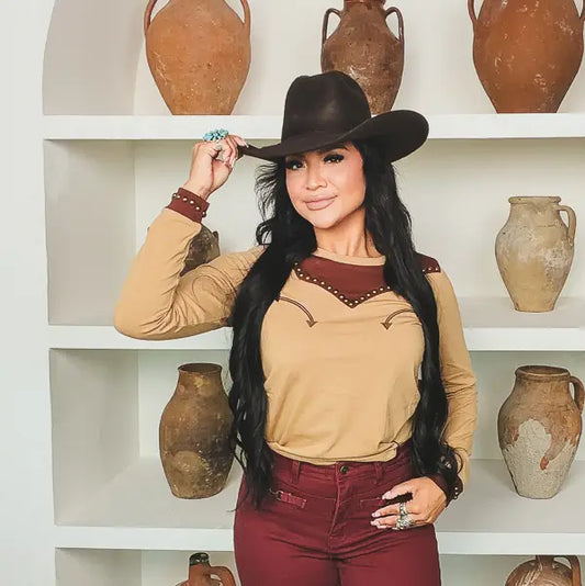 Khaki Studded Western Yoke LS Top