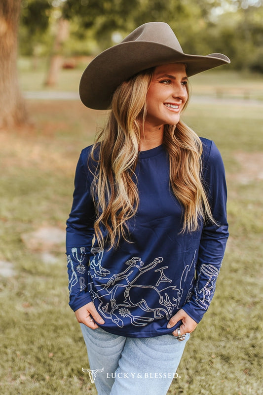 Navy Western Rhinestone LS Shirt By L&B