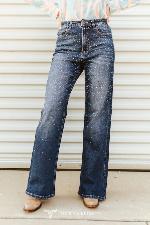 Rhinestone Studded Mid Rise Flare Jeans By L&B