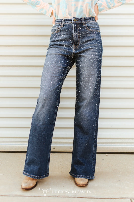 Rhinestone Studded Mid Rise Flare Jeans By L&B