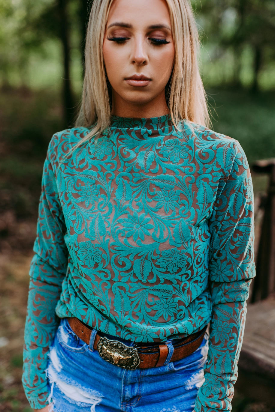 Tooled Leather Turquoise Mesh Top