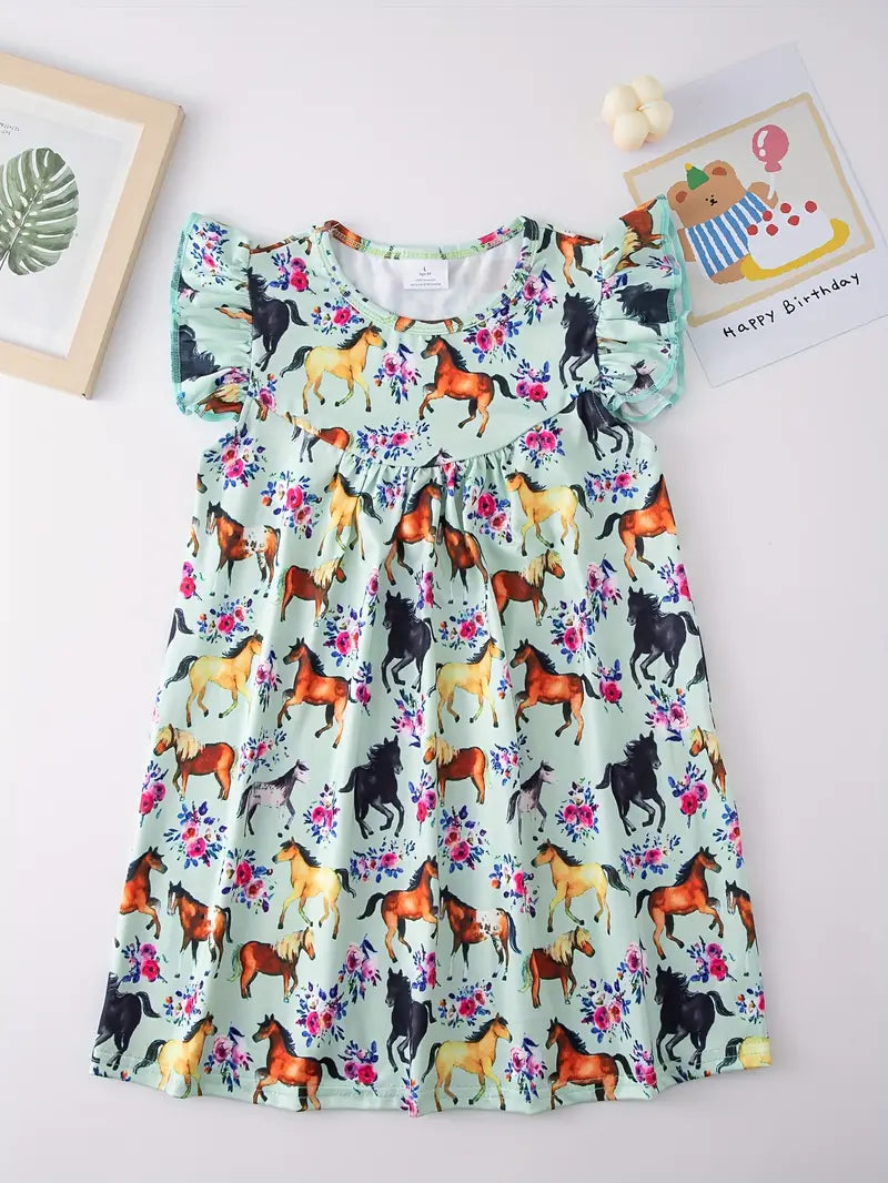 Multi Horse Green Short Sleeve Dress