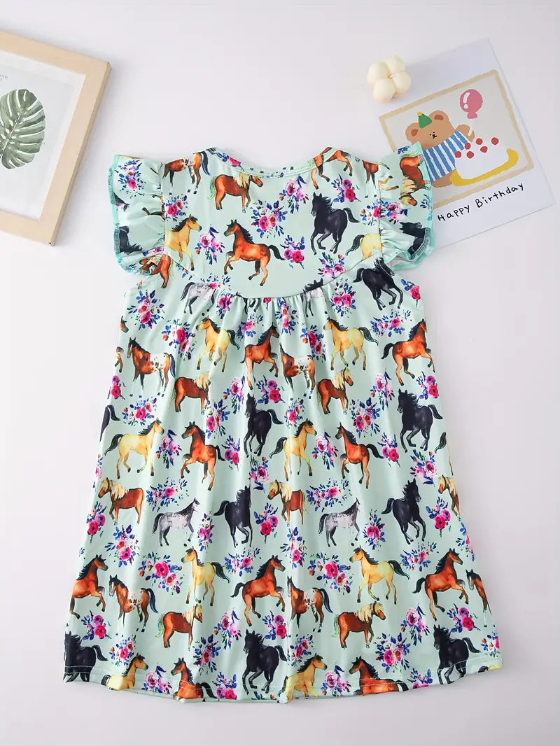 Multi Horse Green Short Sleeve Dress