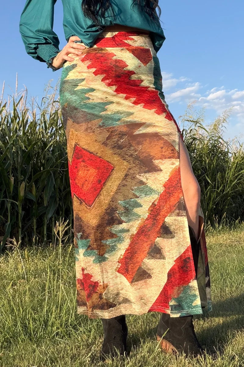 Aztec Sundown Slit Skirt By Sterling Kreek