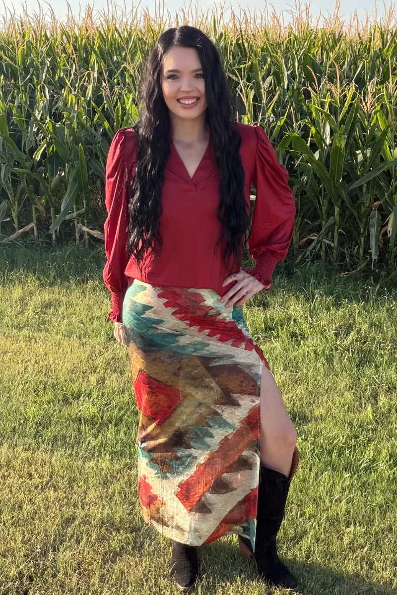 Aztec Sundown Slit Skirt By Sterling Kreek