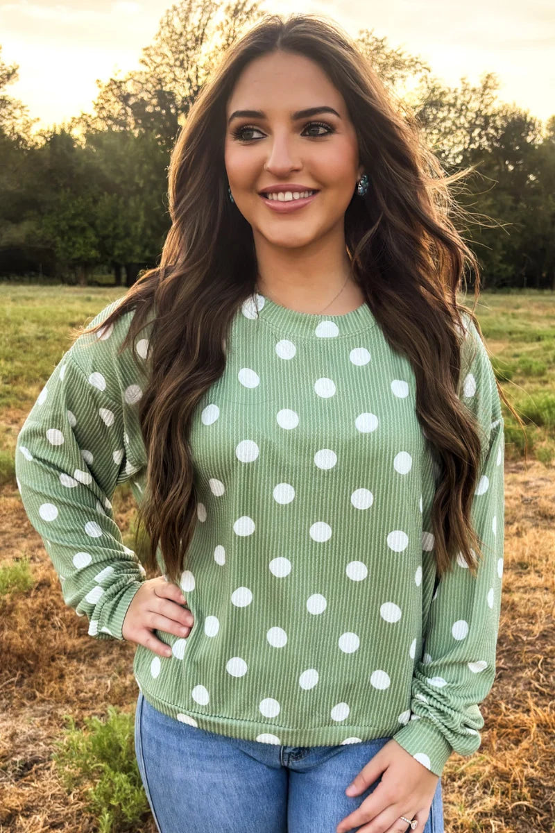 Dotty Darling Sage Sweater Top By Sterling Kreek
