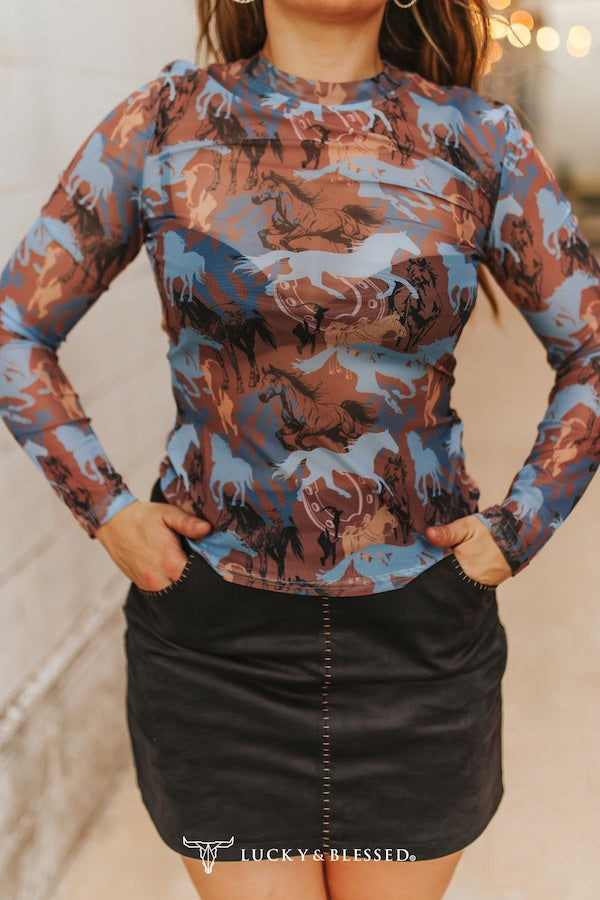 Light Blue Mocha Horse LS Mesh Top By L&B