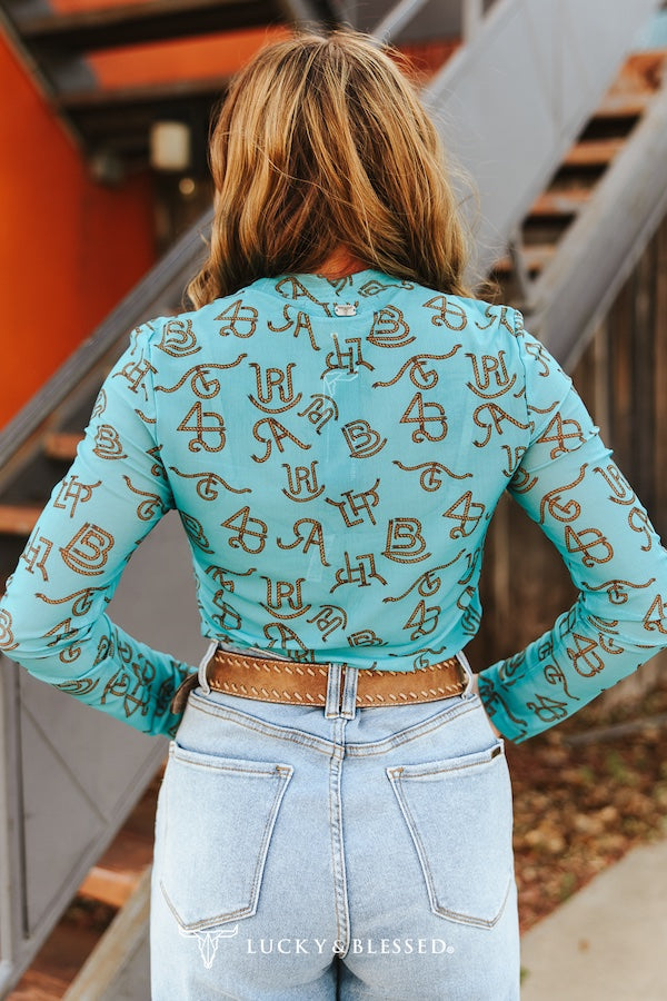 Turquoise Cattle Brand Long Sleeve Mesh Top By L&B