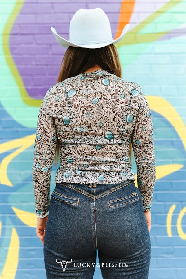 Ivory Tooled Turquoise Stone LS Mesh Top By L&B