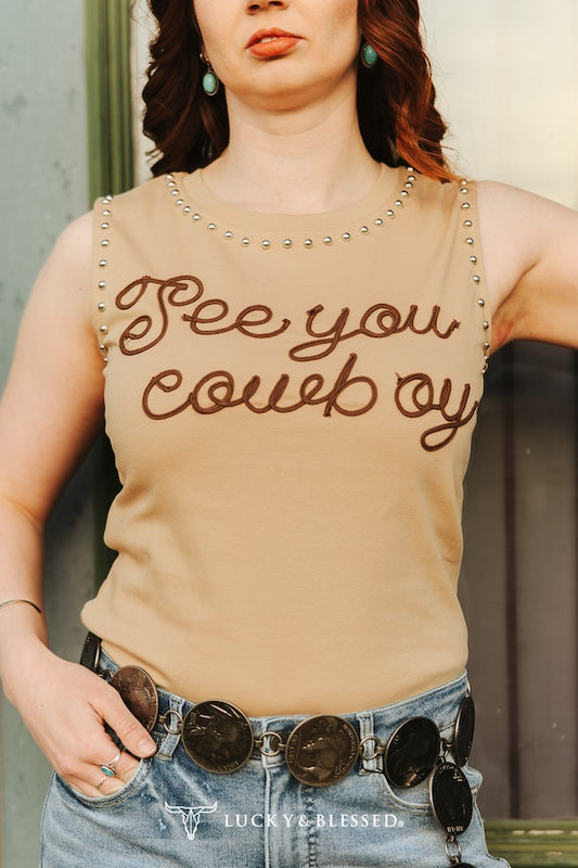 Camel Embroidered Vintage Silver Studded Tank Top By L&B