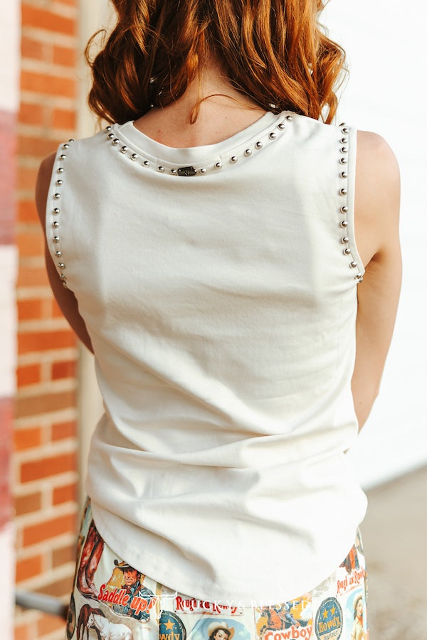 Ivory Howdy Embroidered Vintage Silver Studded Tank Top By L&B