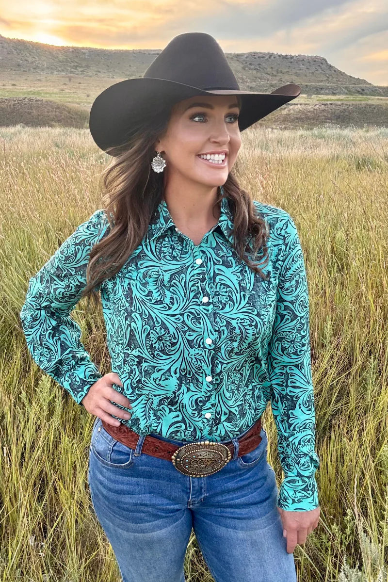 Tooled In Turquiose Button Up By Sterling Kreek