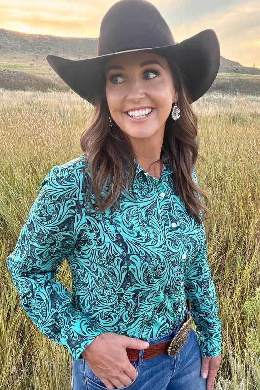 Tooled In Turquiose Button Up By Sterling Kreek