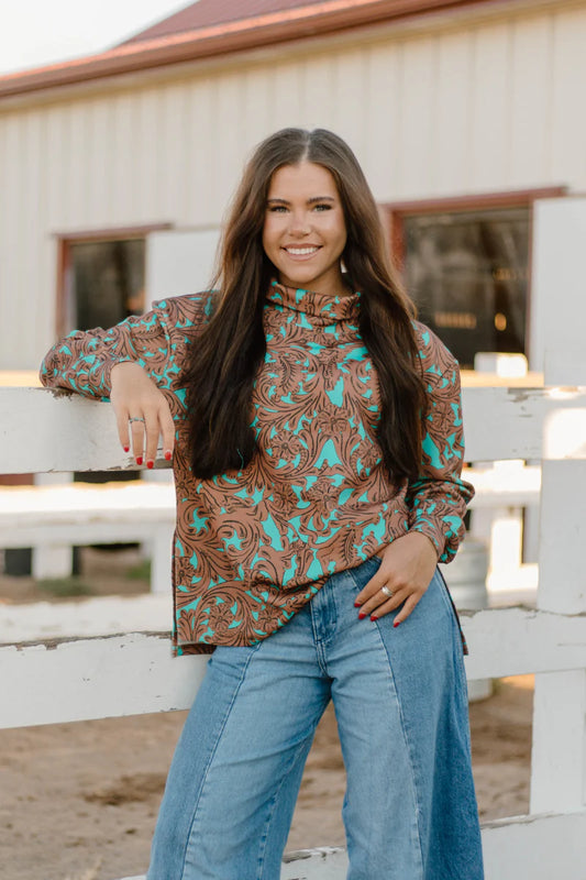 Turquoise Tooled Mock Neck By Sterling Kreek