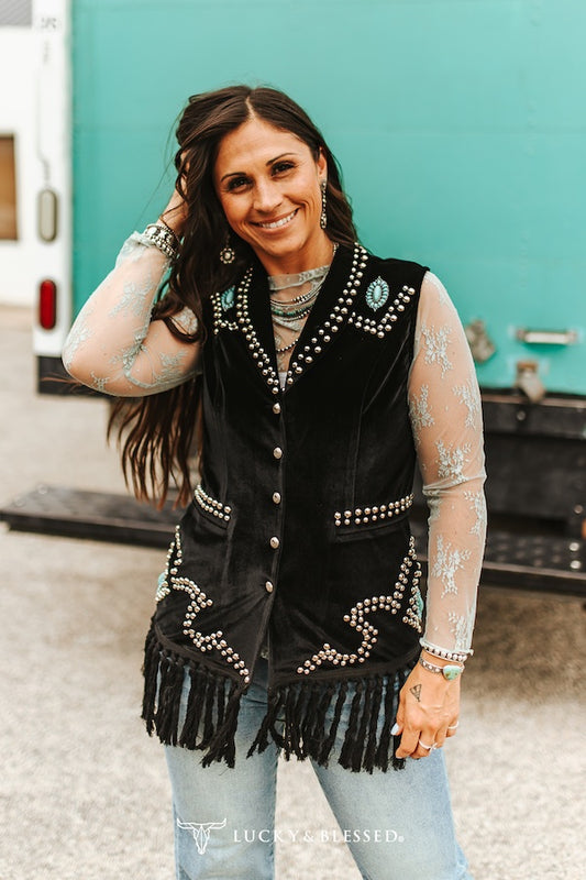 Black Fringe Studded Turquoise Vest L&B